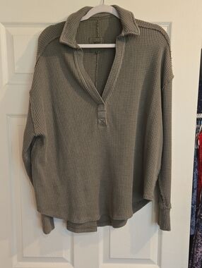 Aerie Waffle Knit Collared Pullover - Olive